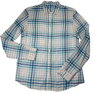 J McLaughlin Sky Blue Plaid Check‎ Button Down Shirt Linen Blend Womens Size 6